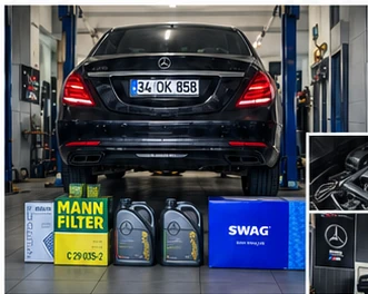 Lift üzerinde bakımı yapılan Mercedes-Benz araç